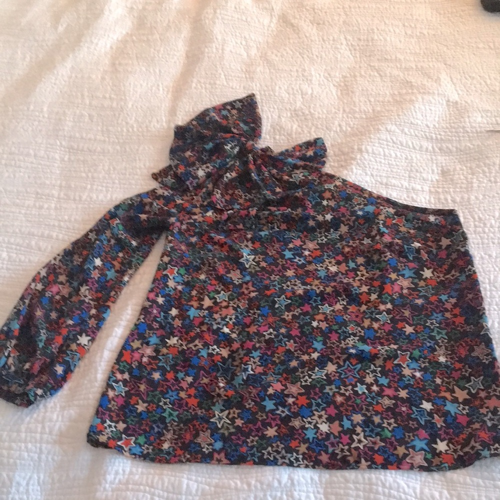 Jcrew 1-sleeve asymmetrical star blouse with shoulder bow